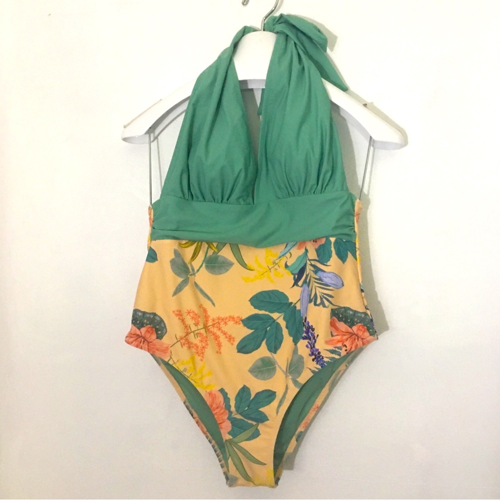Cupshe one piece halter swimsuit tropical green and gold floral.